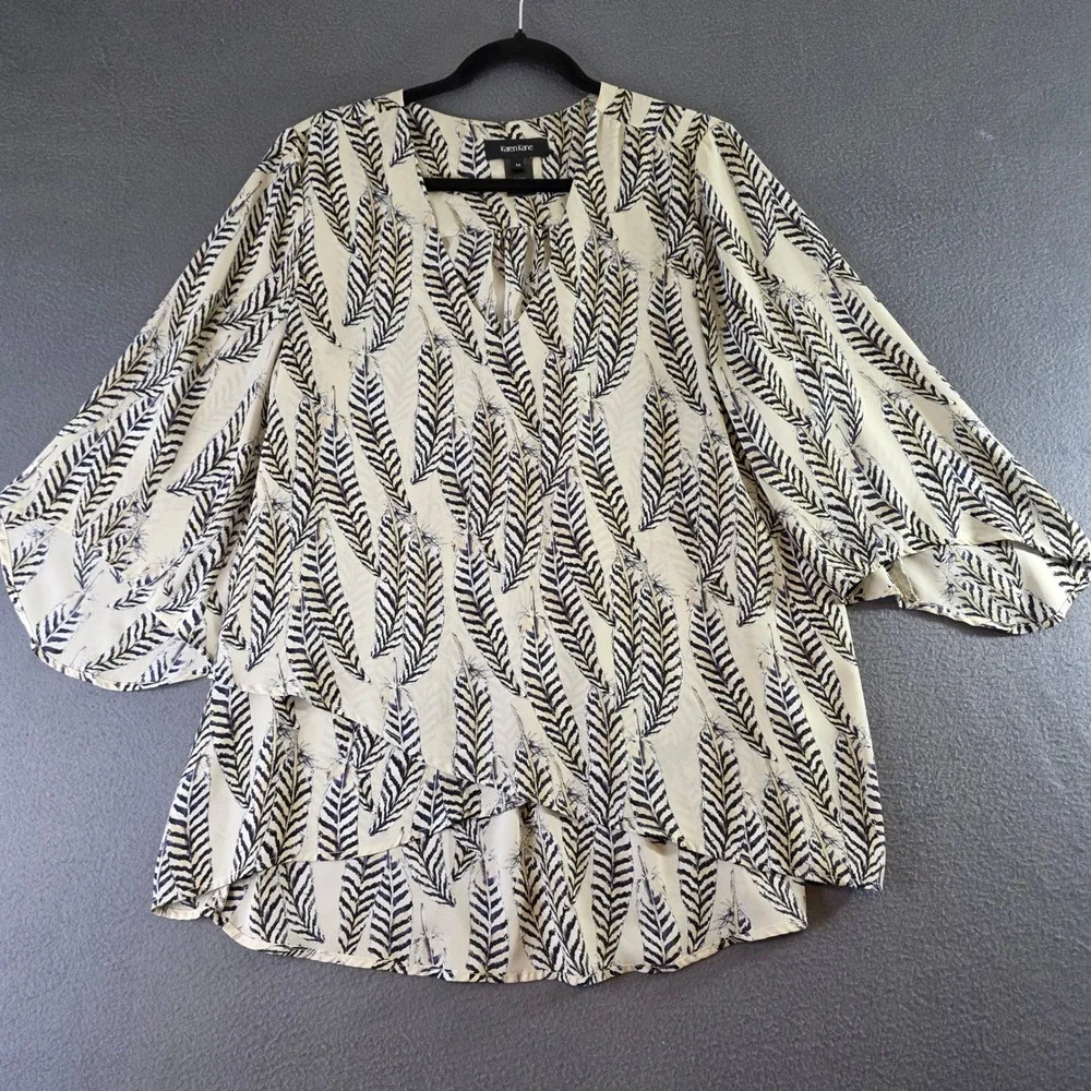 Karen Kane Womens M Feather Print Chiffon Blouse Tan Blue V-Neck Bell Sleeve